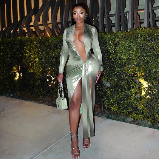 MB1045 Deep V Plunging Slit Maxi Dress