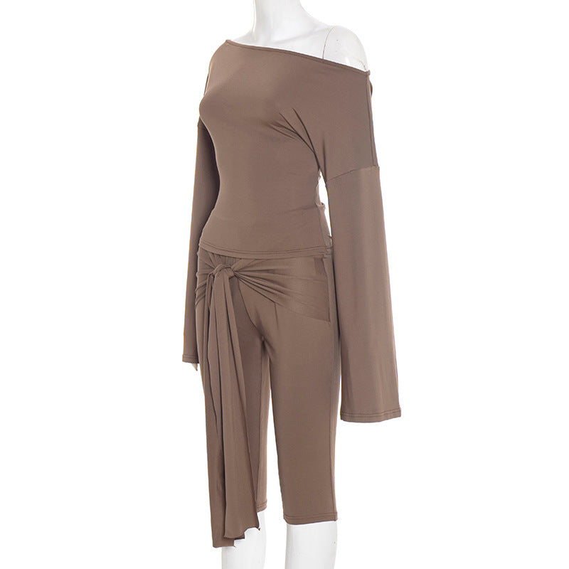 MB1404 Solid Color Top & Tie-Front Capri Pants 2-Piece Set for Women