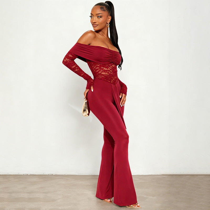 MB1420 Off-the-Shoulder Lace Flared Leg Jumpsuit for Women