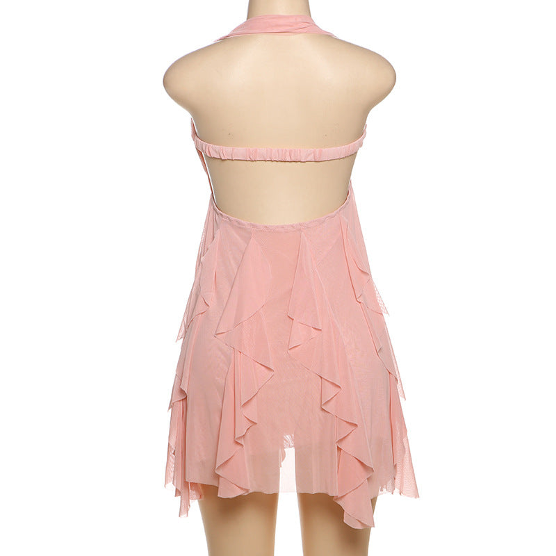 MB1113 Sexy Halter Backless Mini Dress with Ruffled Hem