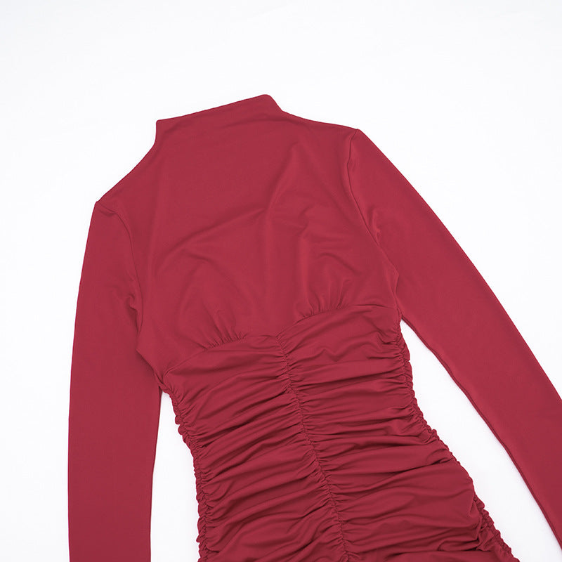 MB1435 Burgundy Turtleneck Ruched Bodycon Mini Dress - Long Sleeve Ruched Detail Evening Dress for Women