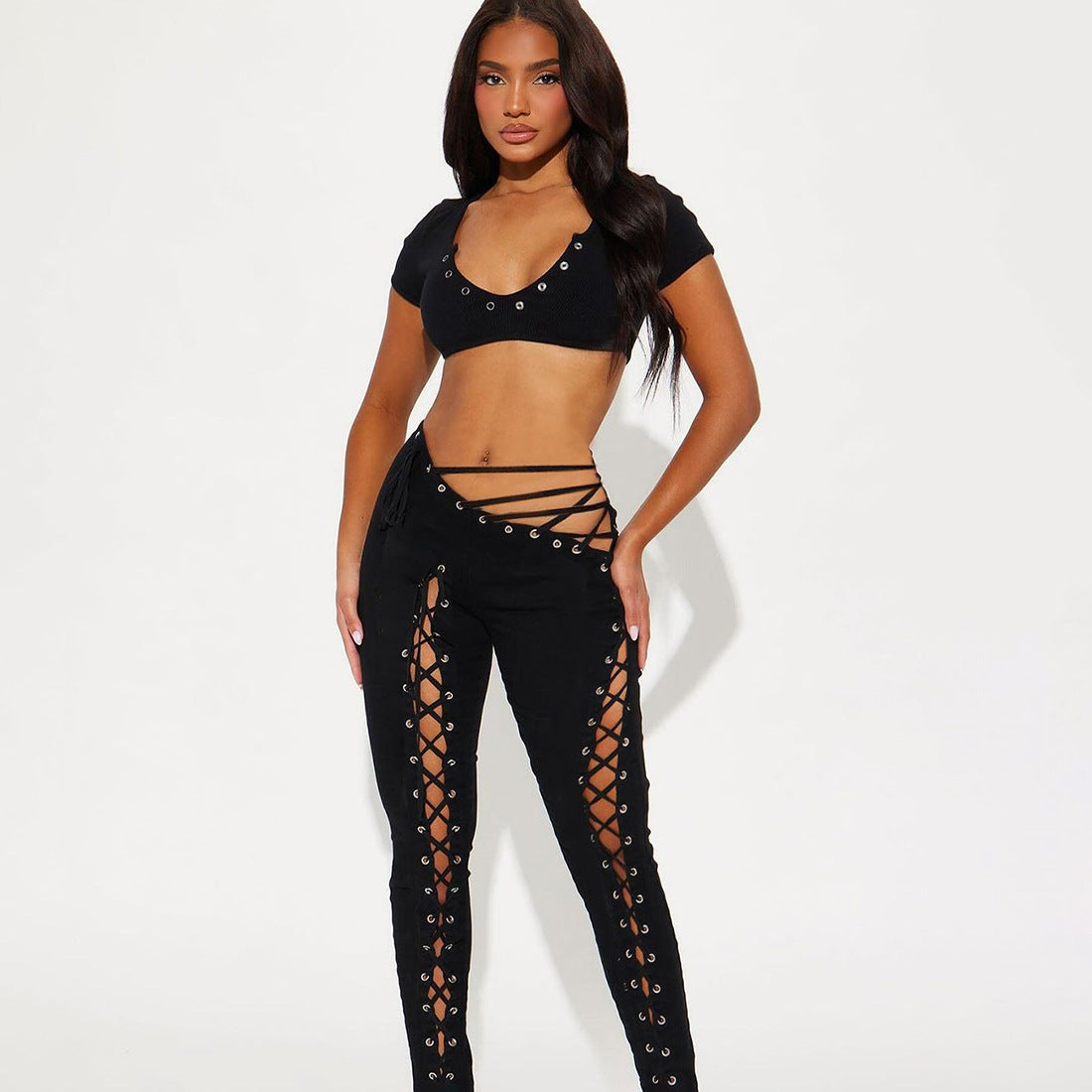 MB1807 Women's Nude Halter Bandeau Crop Top & Waist-Leg Lace-Up High-Waist Leggings Two-Piece Outfit