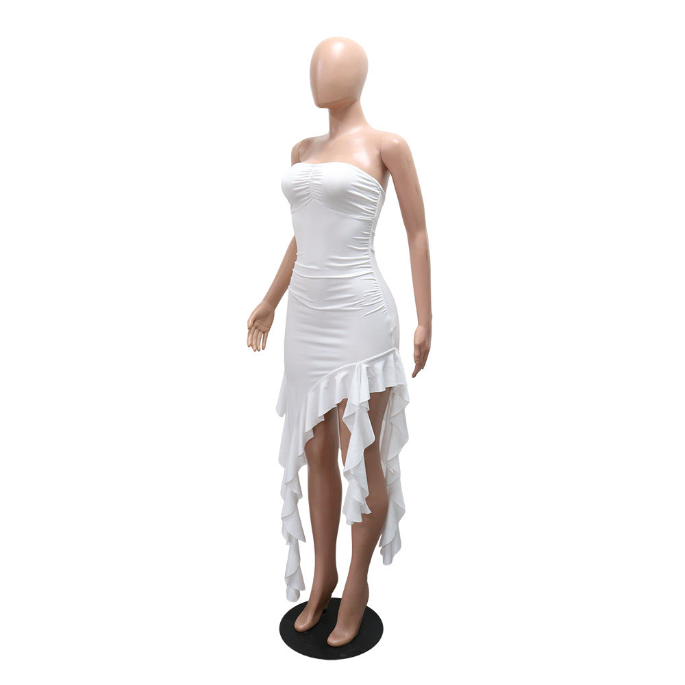MB1228 White Strapless Ruffle High Low Bodycon Mini Dress | Ruched Party Dress