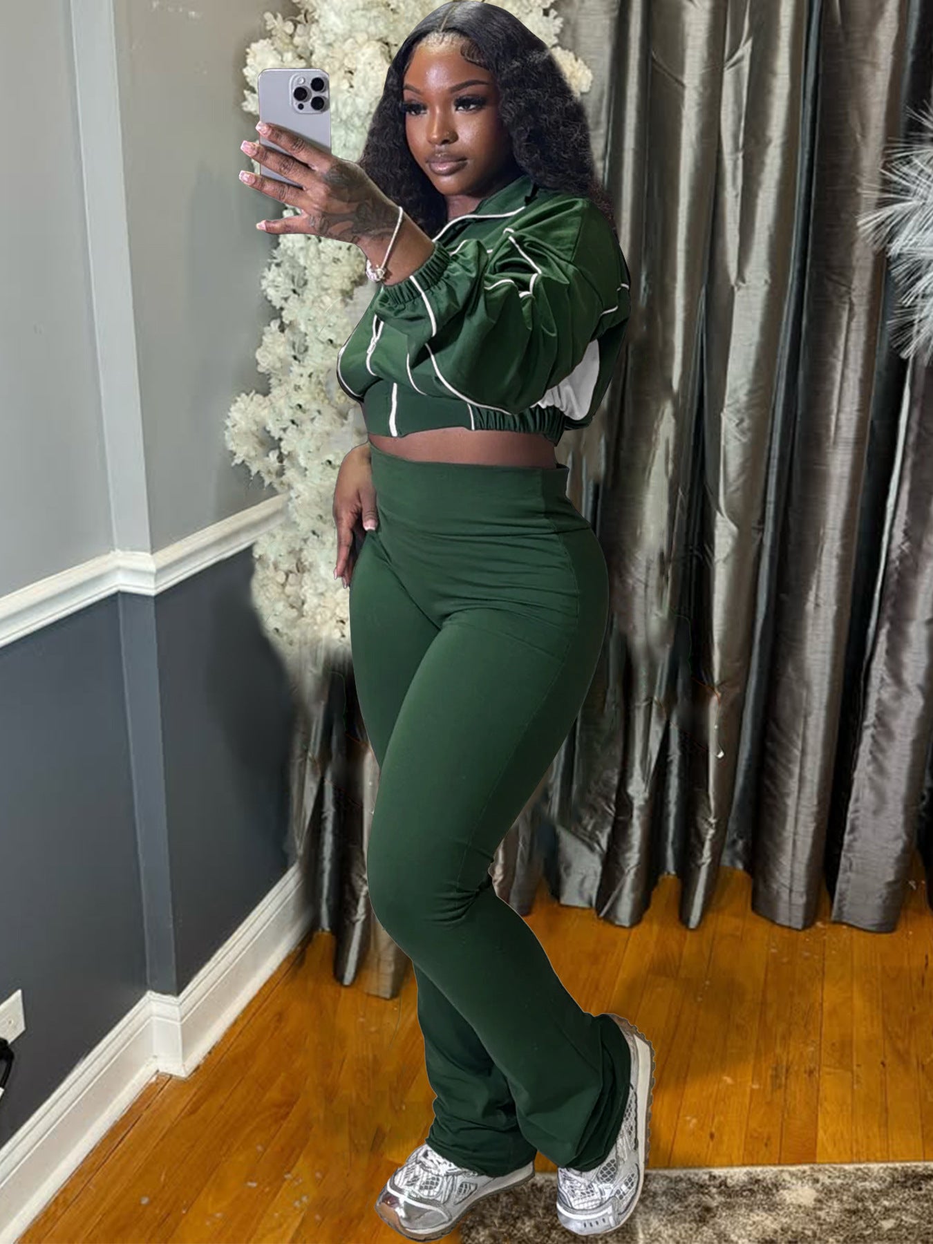 MB1715 Women's Cropped Track Jacket & High-Waisted Pants Two-Piece Set