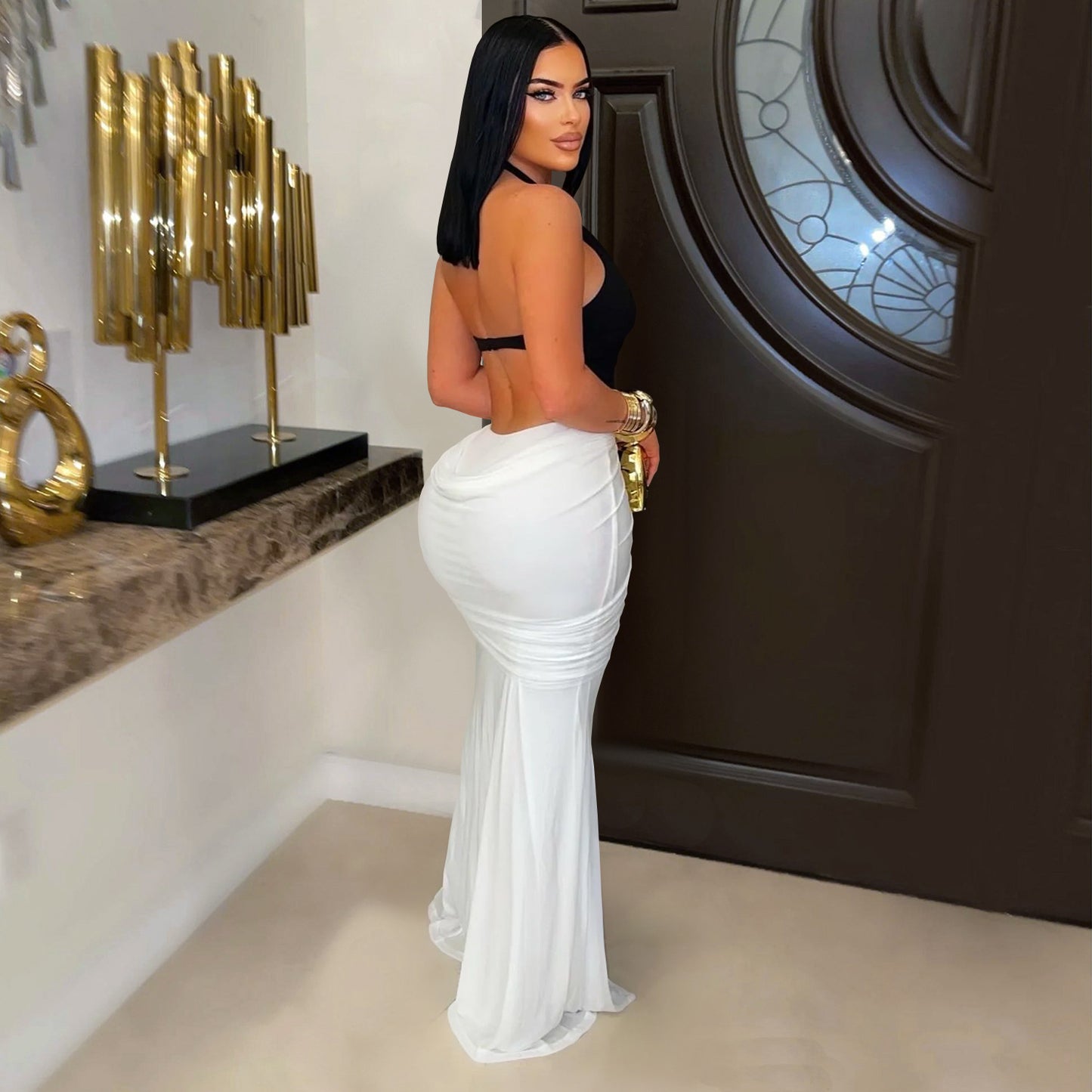 MB1601 Black & White Halter Plunging V Maxi Dress