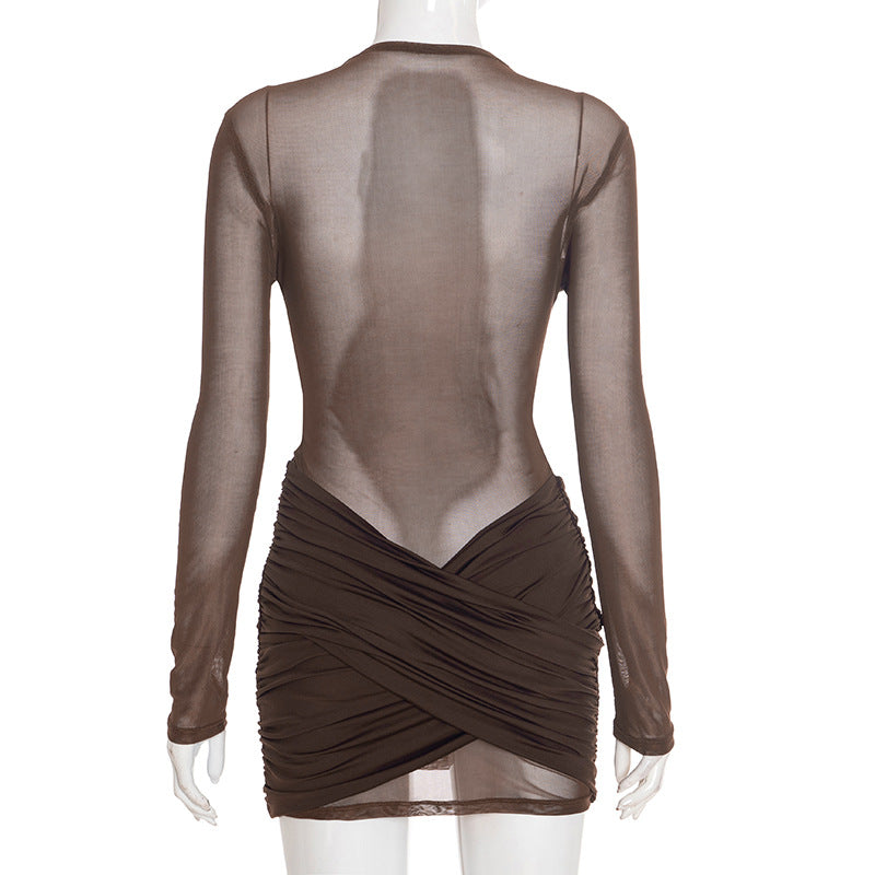 MB1409 Mock Neck Sheer Mesh Ruched Mini Dress for Women