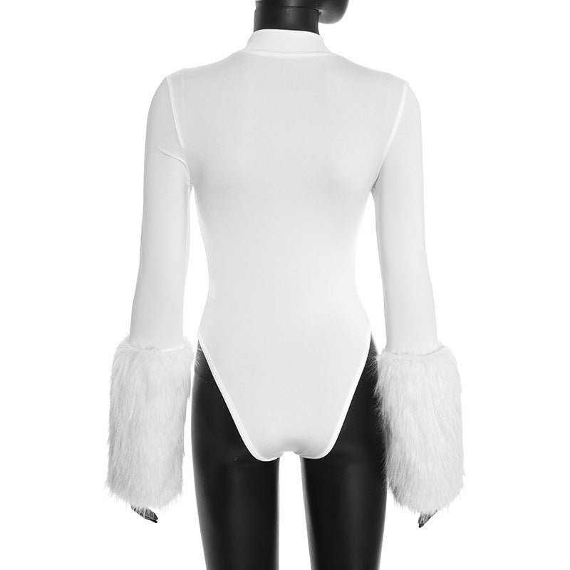 MB10135 Women’s Long Sleeve Fur Cuff Bodysuit