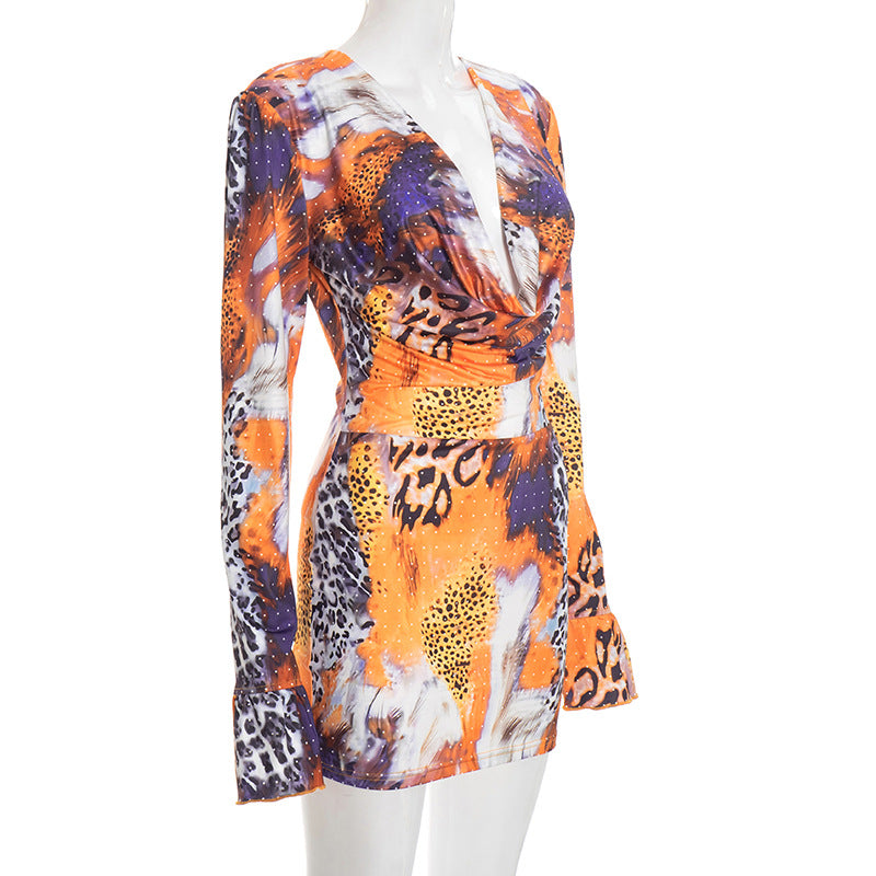 MB1447 Women's V-Neck Animal Print Bodycon Mini Dress