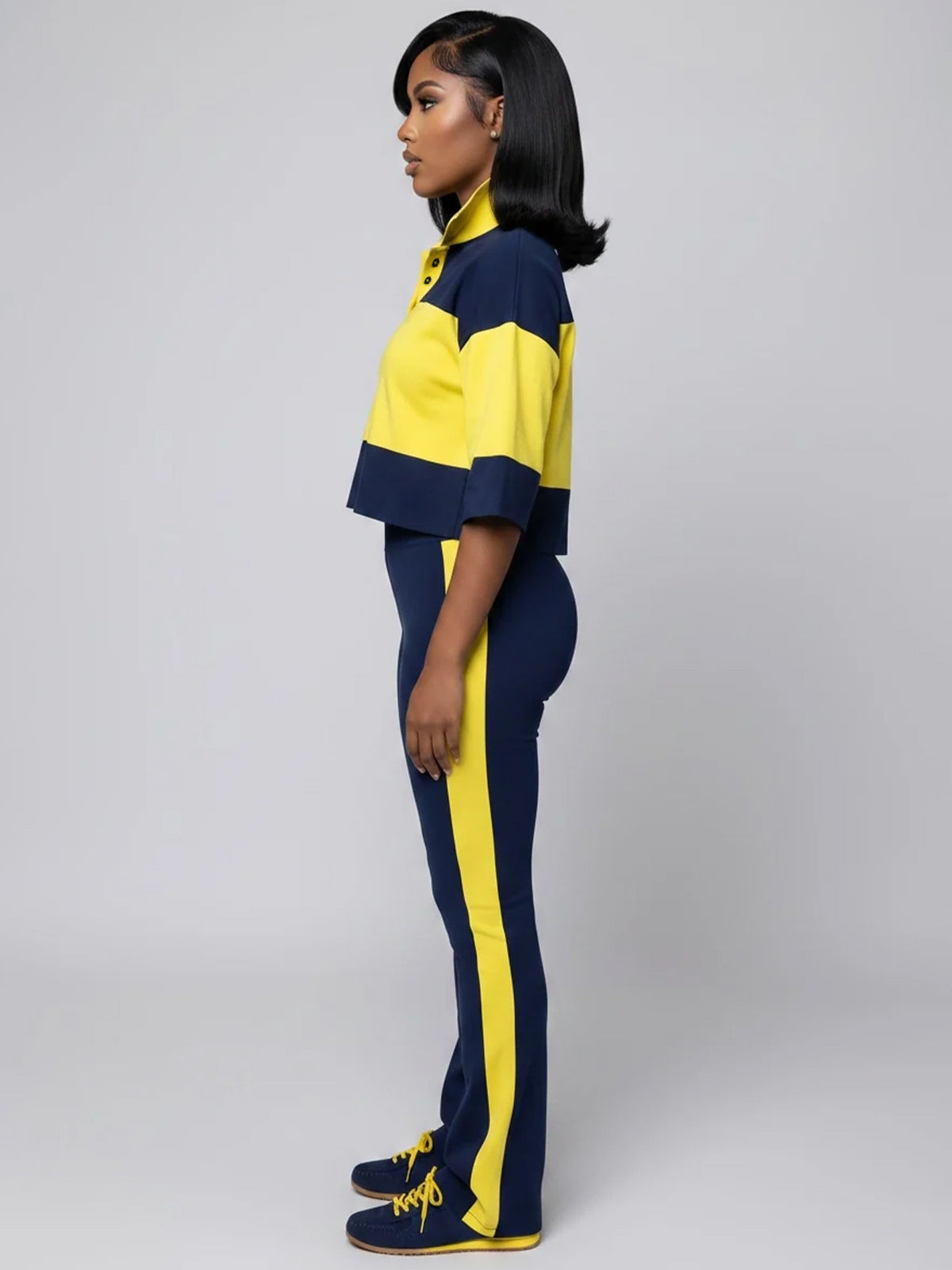 MB1736 Color‑Block Cropped Polo Top & Side‑Stripe Flare Pants 2‑Piece Set