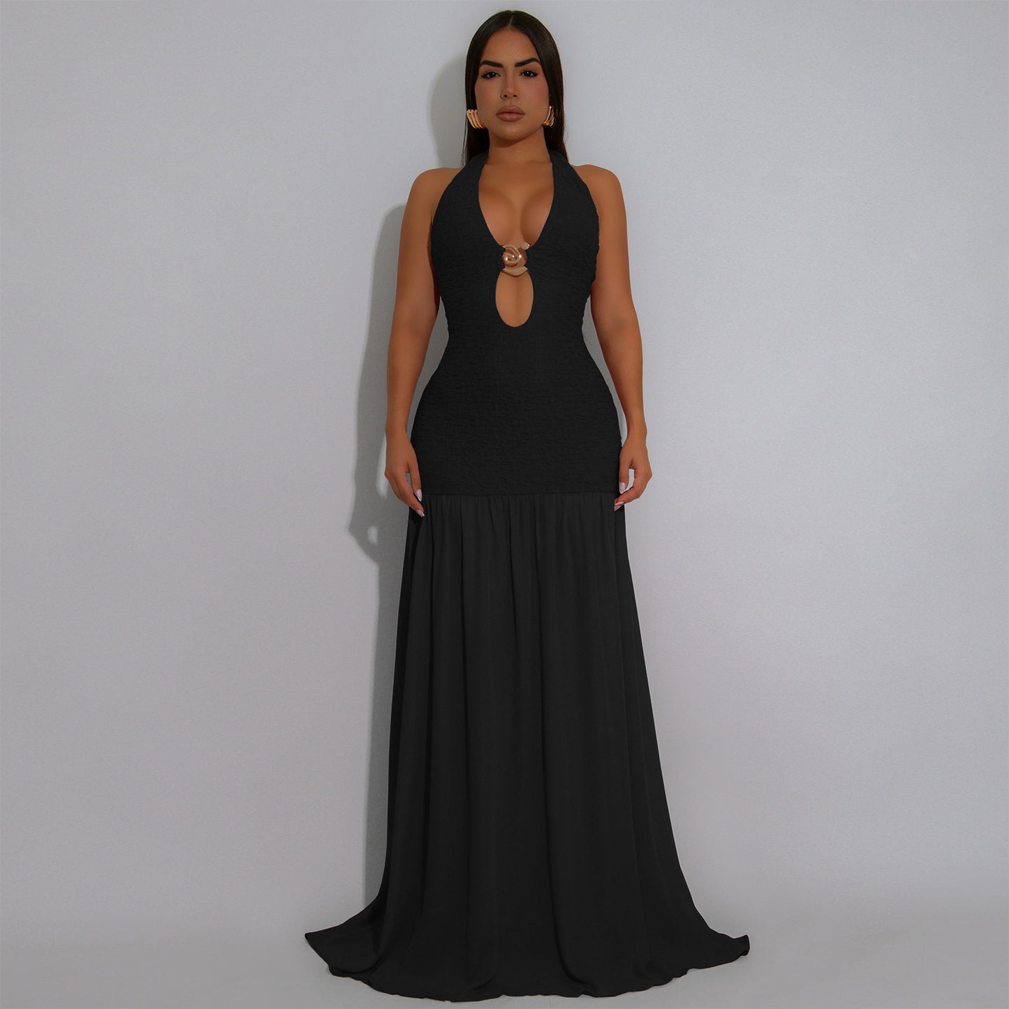 MB1613 Halter Neck Cutout Maxi Dress with Gold Accent