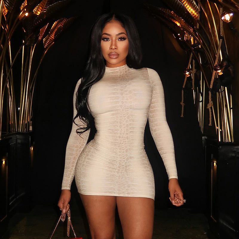 MB10128 Women's Snake Print Mock Neck Long Sleeve Mini Dress