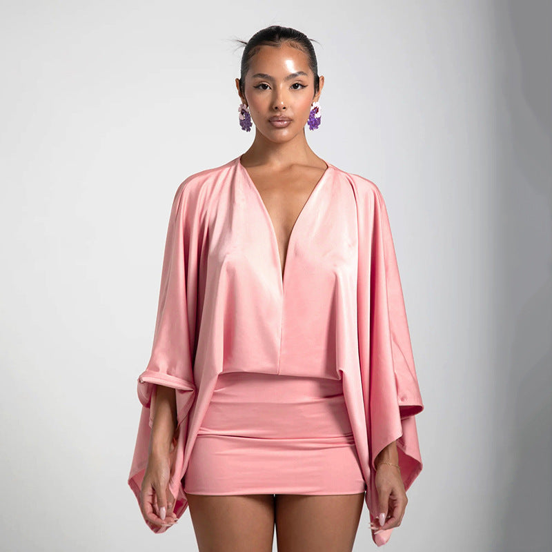 MB1072 Batwing Sleeve V-Neck Bodycon Mini Dress