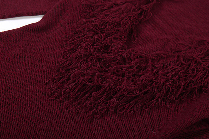 MB1806 Women's Burgundy Deep V Fringe Trim Ribbed Knit Midi Dress