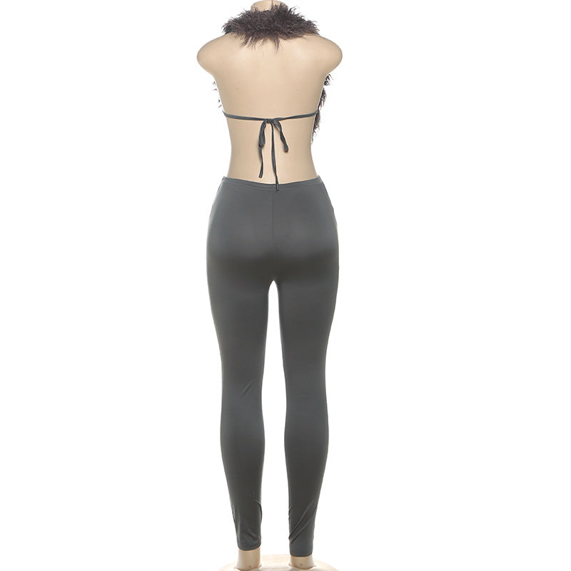 MB1801 Women's Faux Fur Trim Top & High Waist Leggings Two-Piece Outfit