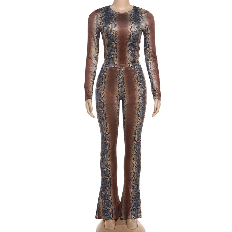 MB1144 Women's Snake Print Two Piece Set – Form-Fitting Top & Flared Pants