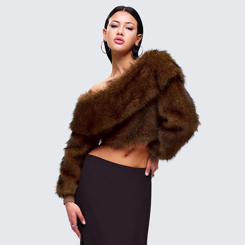 MB10113 Brown Faux Fur Off-The-Shoulder Cropped Top