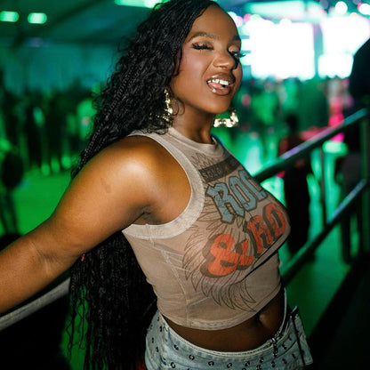 MB1026 Mesh Crop Top with Rock and Roll Print