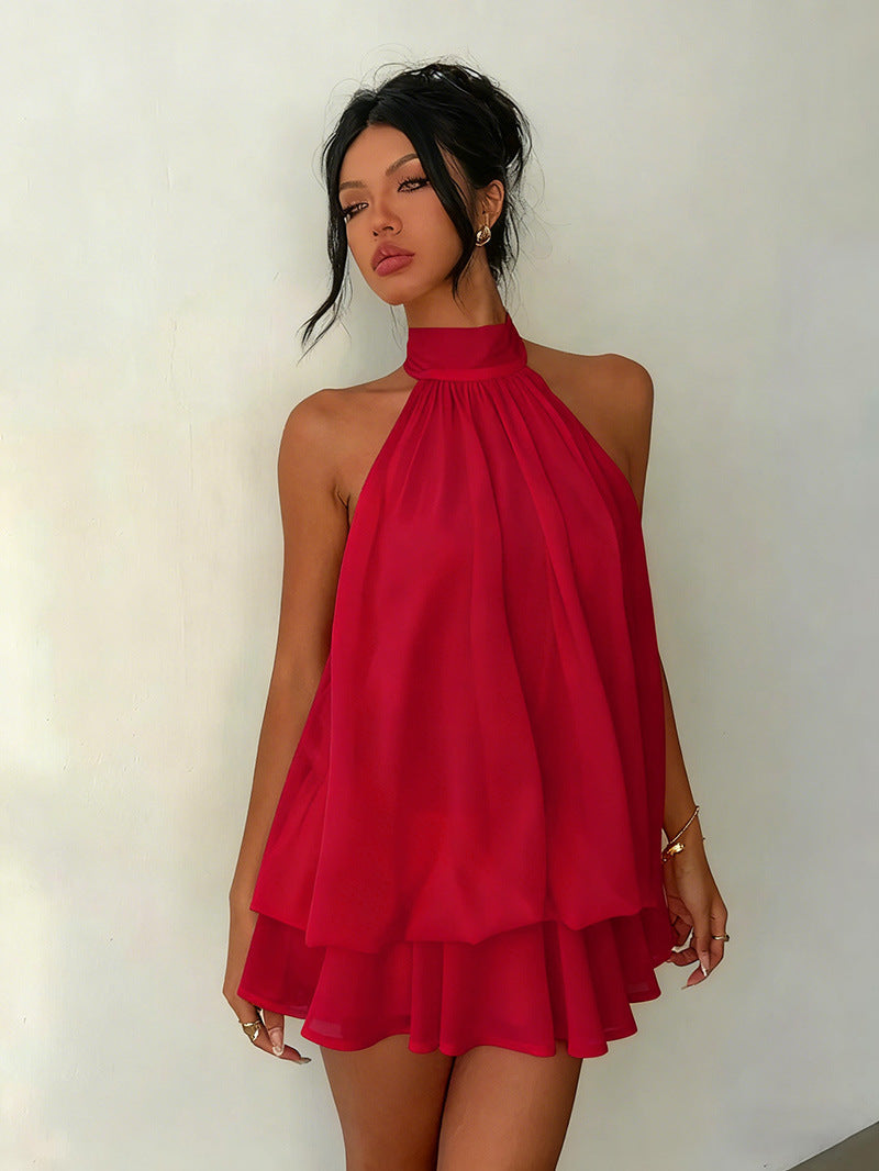 MB2001  Halter Backless Mini Dress - Flowy Ruffle Chiffon Party Dress for Women 