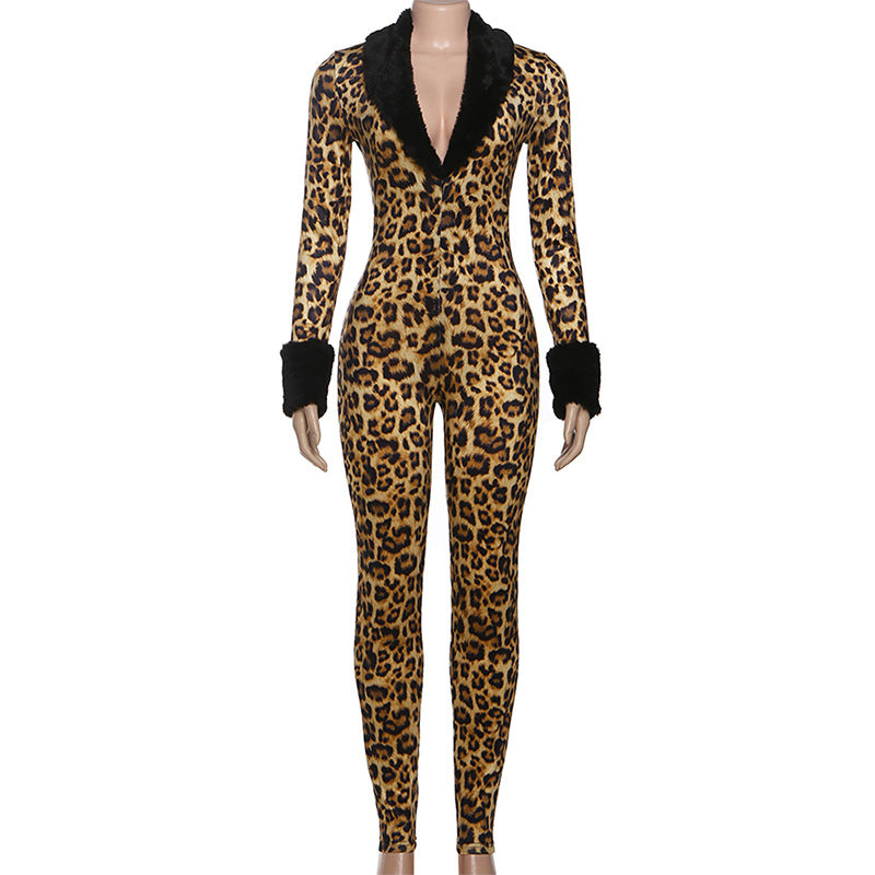 MB1512 Leopard Print Bodycon Jumpsuit - Black Faux Fur Collar & Cuff Trim