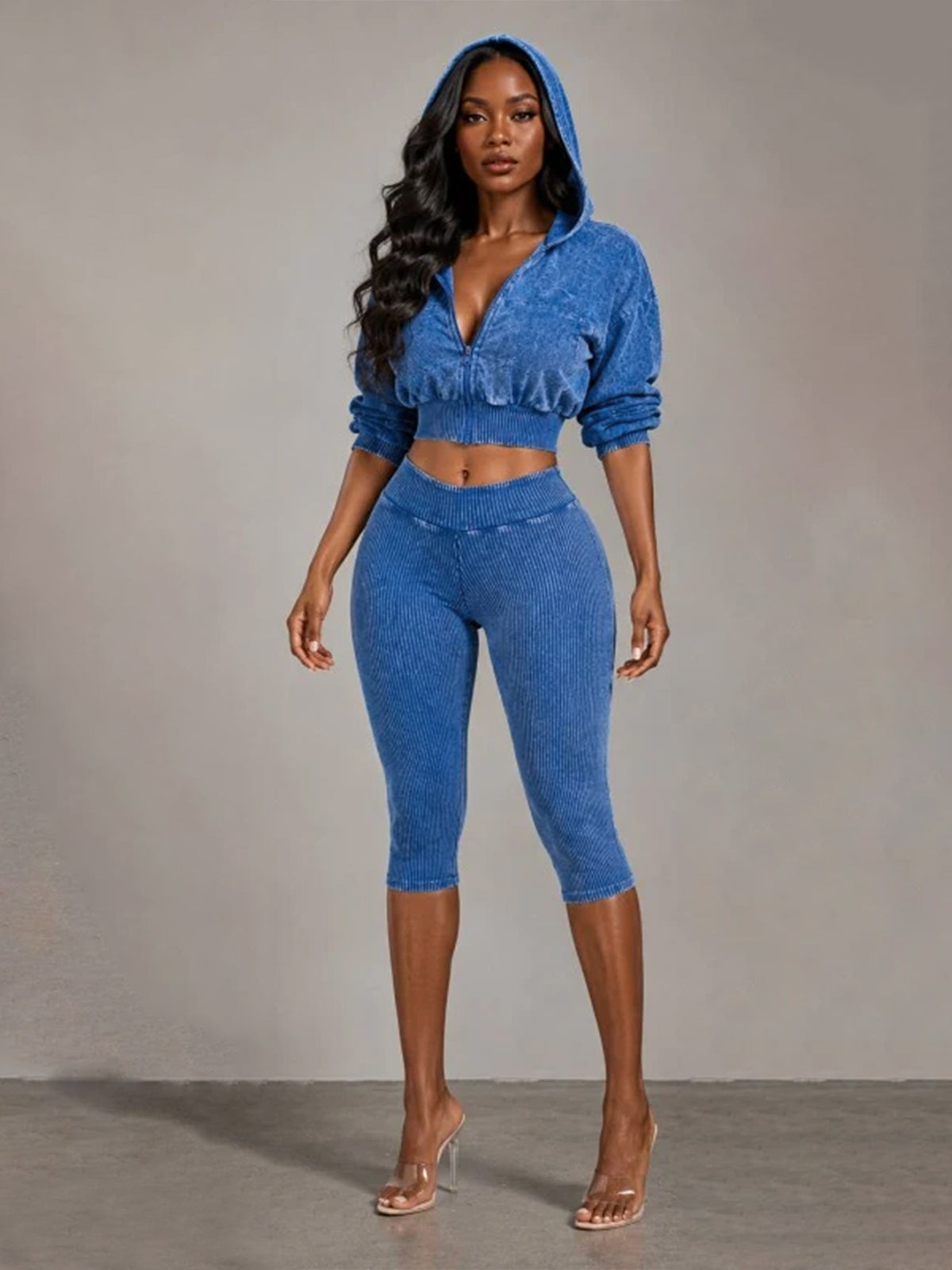 MB1734 Washed Ribbed Cropped Hoodie & Scrunch‑Butt Capri Leggings 2‑Piece Set