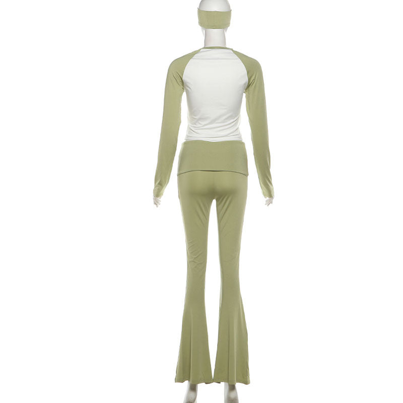 MB1820 Color Block Top & Flare Pants 2 Piece Set with Headband