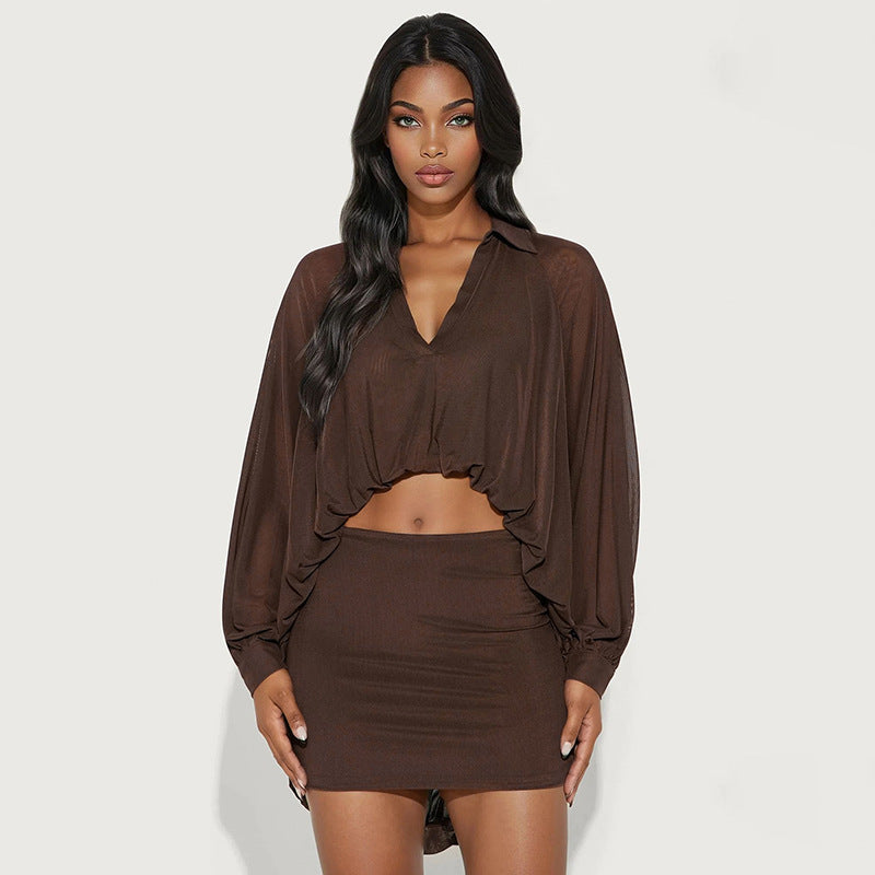 MB1401 Sheer Mesh Collared Crop Top & Mini Skirt 2-Piece Set