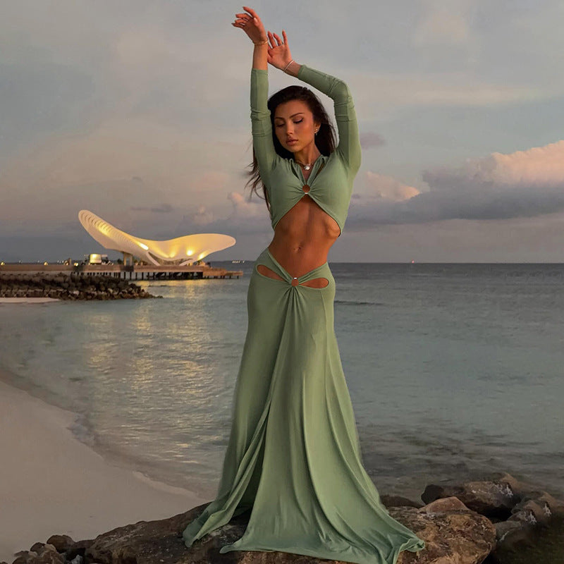 MB1829 Women's Cut Out Long Sleeve 2 Piece Set - Crop Top & Maxi Skirt