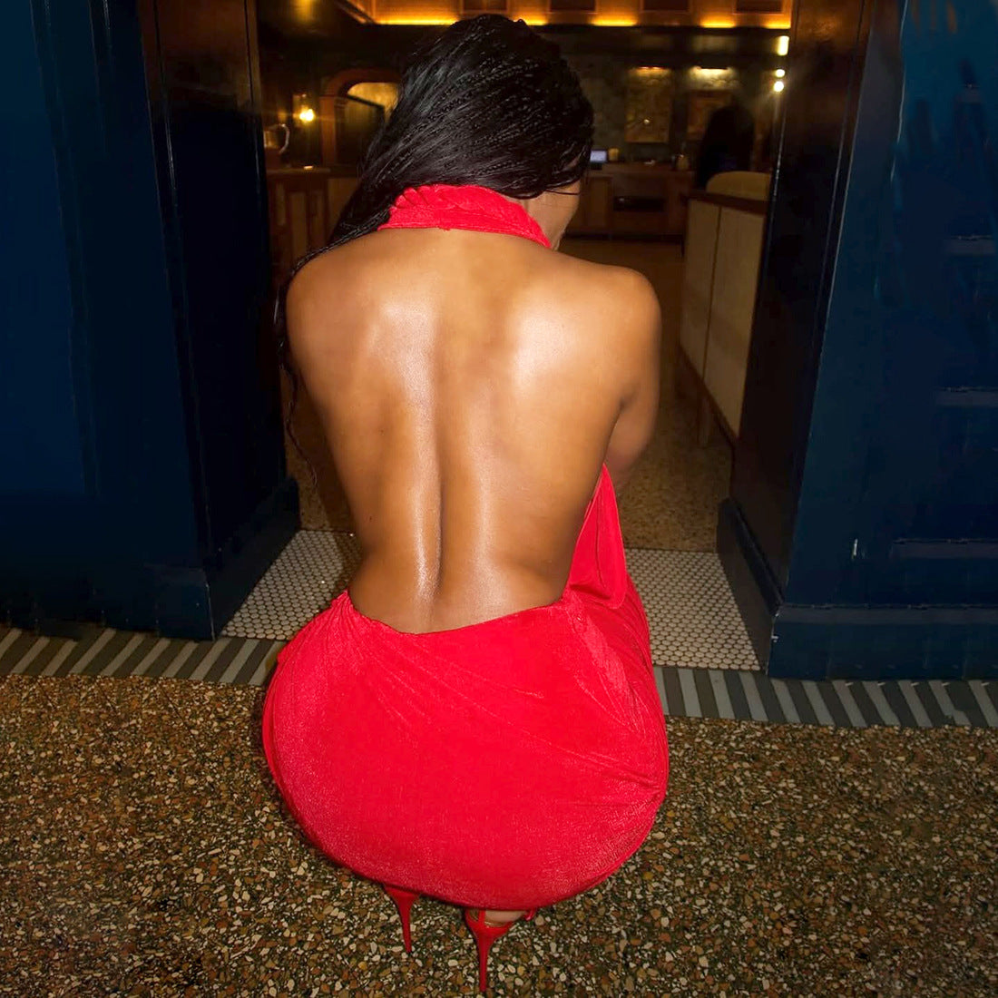 MB1533 Women's Halter Neck Ruched Maxi Dress