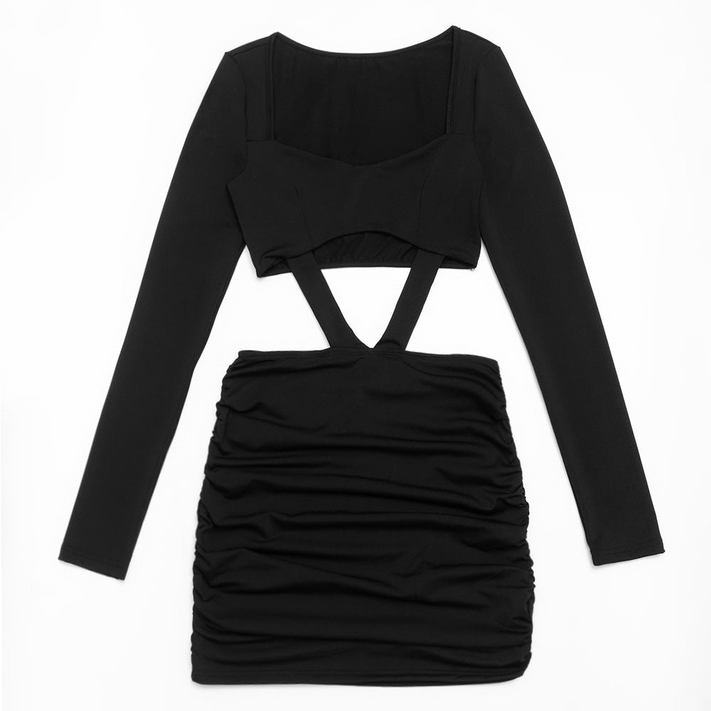 MB1315 Long Sleeve Cutout Crop Top & Ruched Mini Skirt Two-Piece Dress