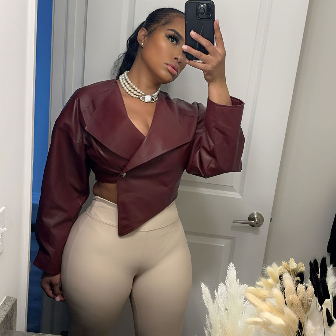 MB1131 PU Leather Cropped Blazer for Women