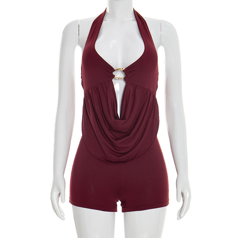 MB10167 Draped Deep V Backless Bodycon Short Jumpsuit