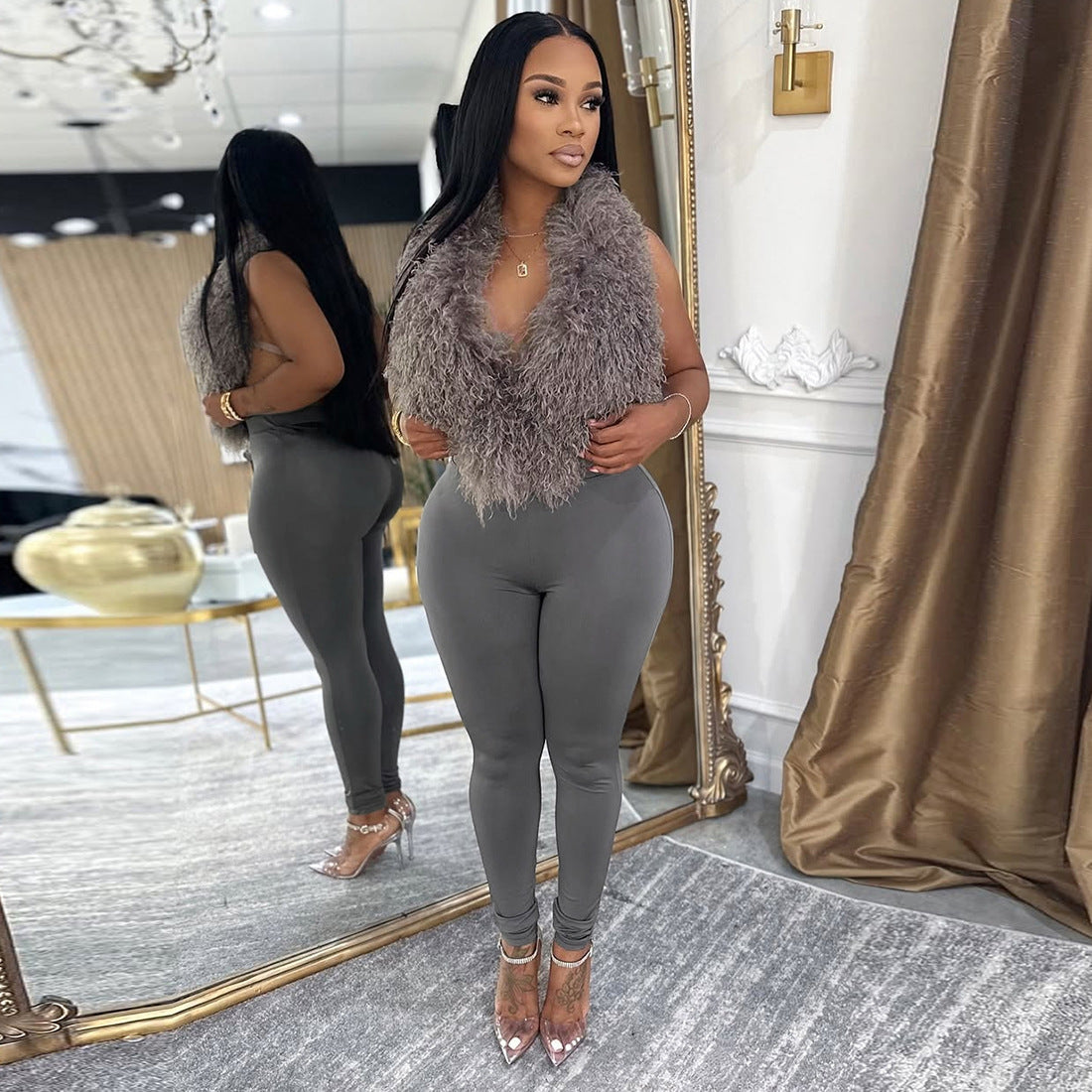 MB1801 Women's Faux Fur Trim Top & High Waist Leggings Two-Piece Outfit