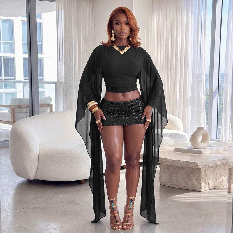 MB10209 Sheer Mesh Top Flare Floor‑Length Draped Long Sleeve