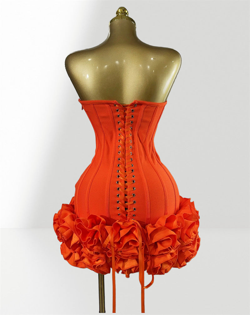 MB2104 Bandage Mini Dress, 3D Floral Ruffle Hem, Music Festival Gown