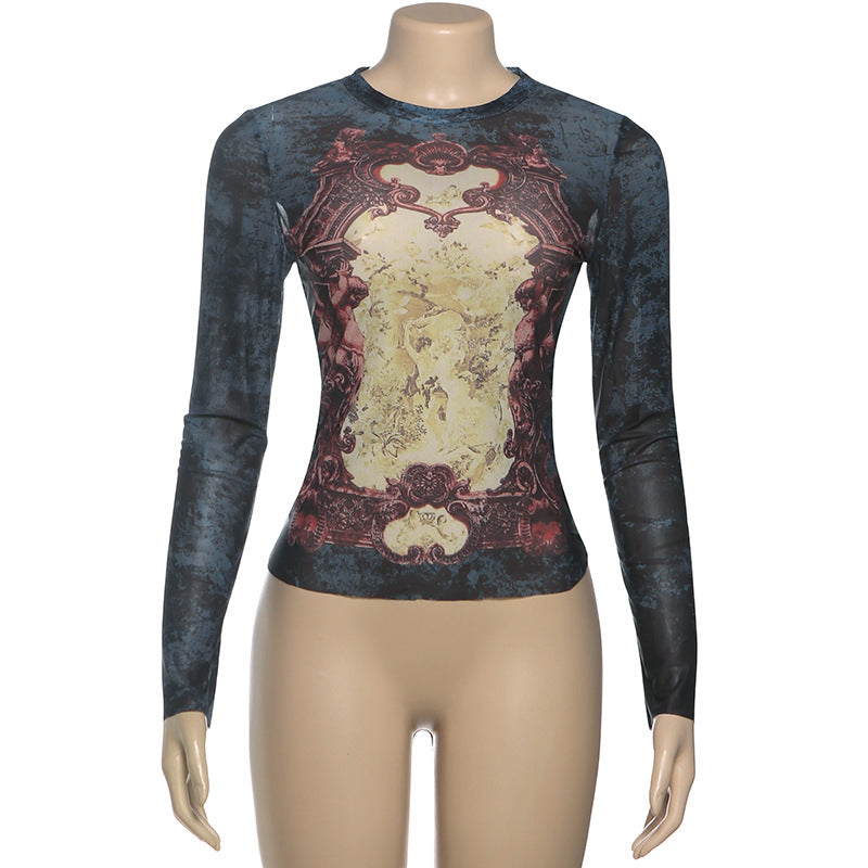 MB1138 Vintage Print Long Sleeve Mesh Top