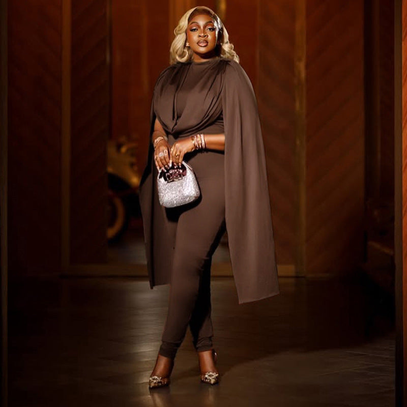 MB10121 Ruched Cape Sleeve Jumpsuit - Bodycon Formal Romper