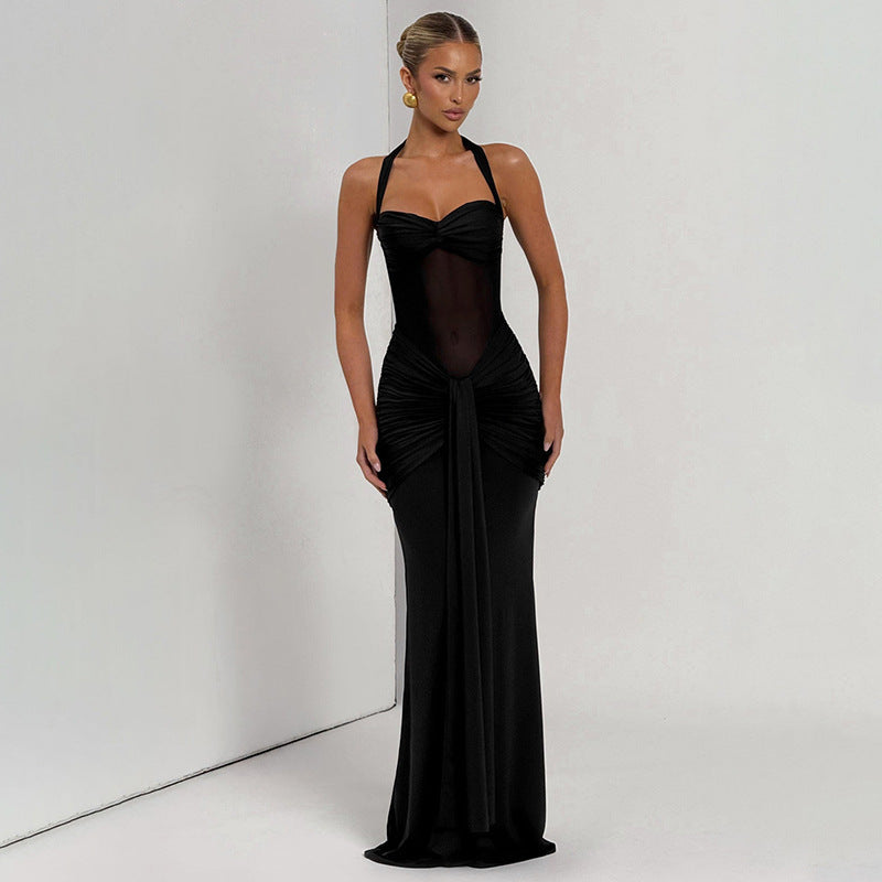 MB1816 Women's Sheer Mesh Halter Ruched Mermaid Maxi Dress