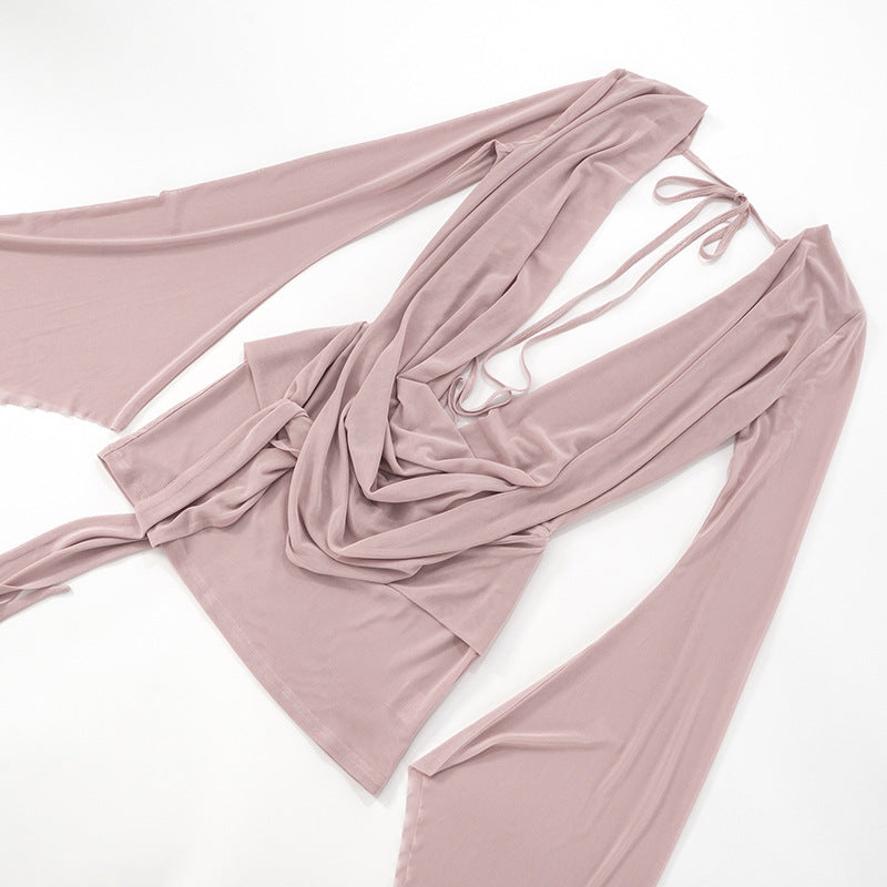 MB1031 Women's Mesh Backless Dress with Draped Neckline