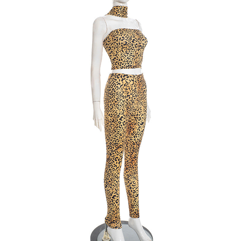 MB10147 Women's Leopard Print Tube Top & High Waist Leggings 2 Piece Set
