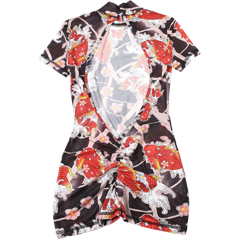 MB1112 Graphic Print Sheer Tight Backless Romper