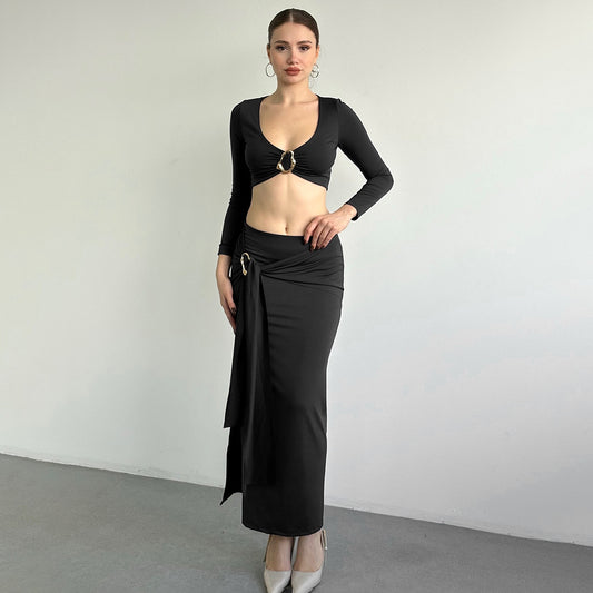 MB1319 Long Sleeve Crop Top & Maxi Skirt Two Piece Set