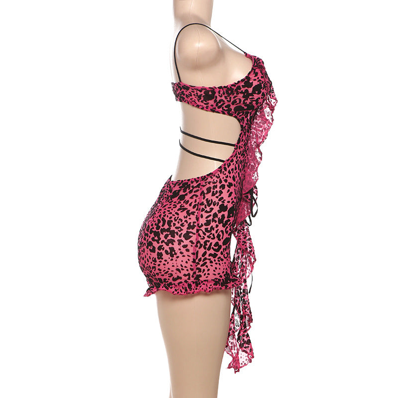 MB1502 Leopard Print Lace-Up Sheer Romper
