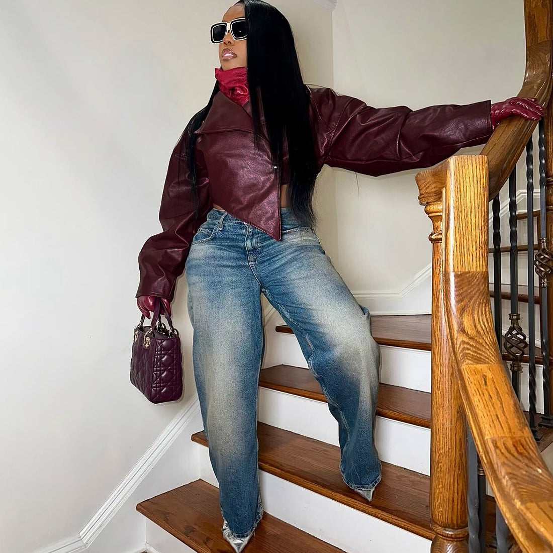 MB1131 PU Leather Cropped Blazer for Women