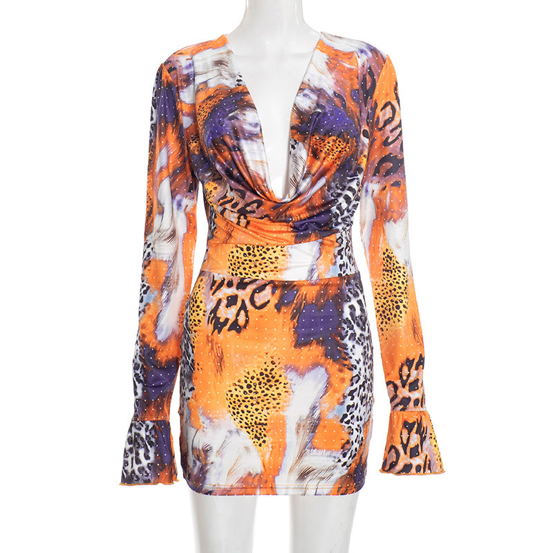 MB1447 Women's V-Neck Animal Print Bodycon Mini Dress