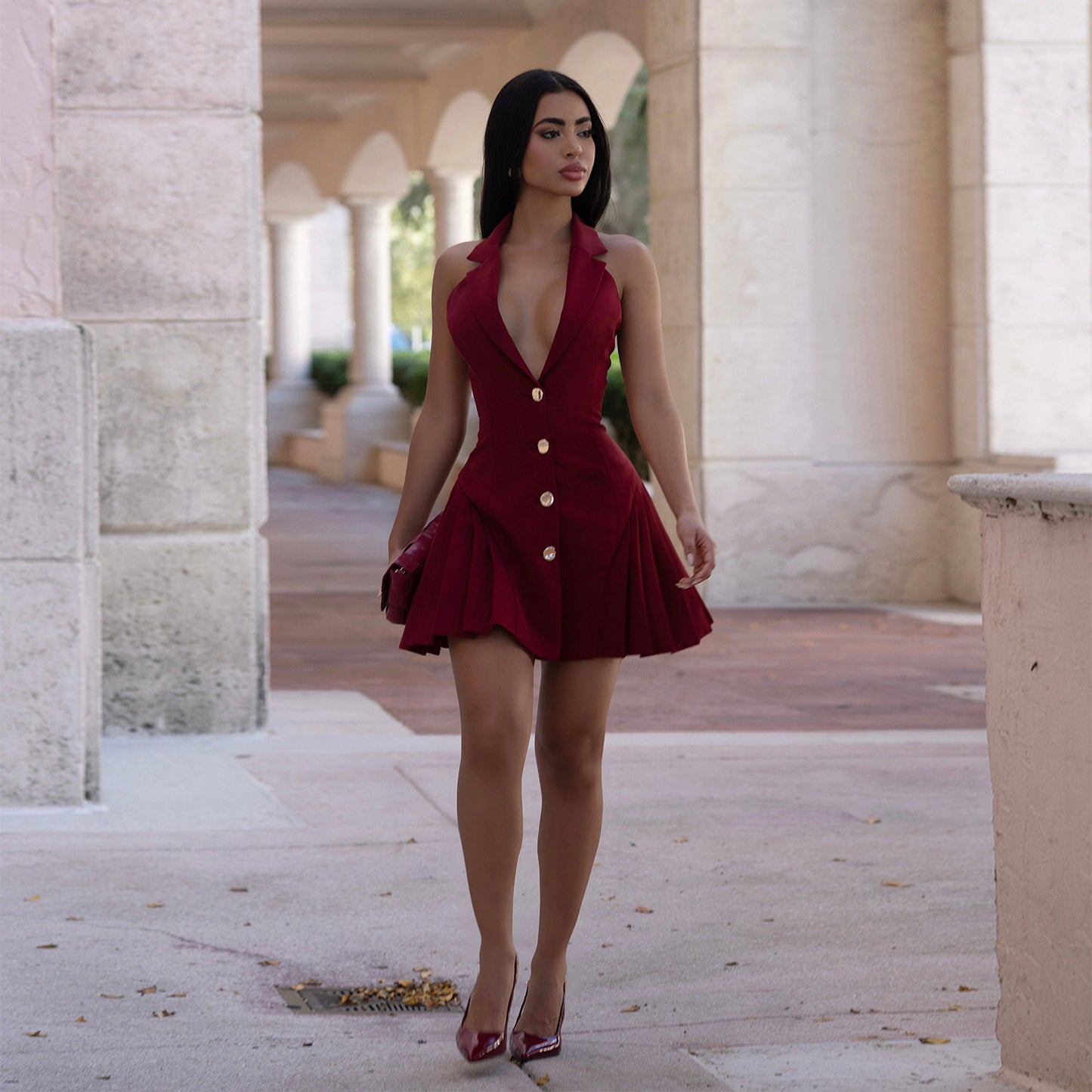 MB1615 Halter Blazer-Style Mini Dress with Gold Buttons