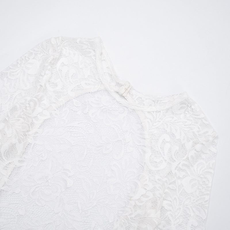 MB10119 White Lace Open Back Jumpsuit - Red Polka Dot Legs Party Romper