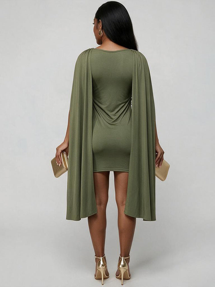 MB10185 Women Draped Cowl Neck Cape Sleeve Bodycon Mini Dress