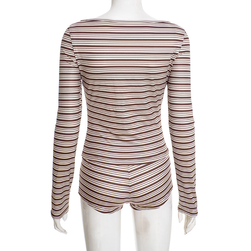 MB1428 Striped 2-Piece Set: Long Sleeve Top + High-Waisted Shorts