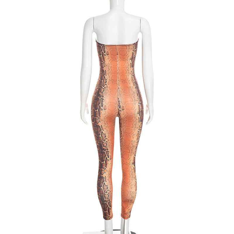 MB10192 Women Snake‑Print Strapless Bodycon Jumpsuit
