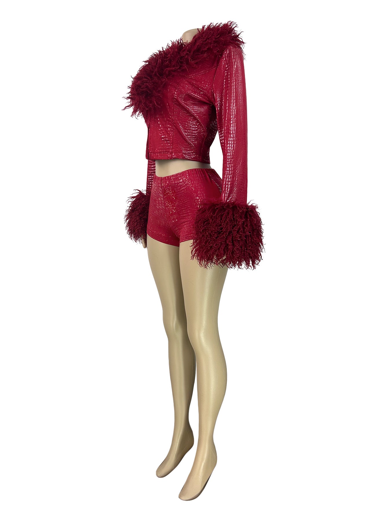 MB1726 Red Crocodile Print Faux Fur Trim 2 Piece Short Set | Cropped Jacket & Shorts